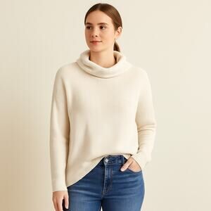 Devotion by Cyrus Women’s Cream Ribbed Cowl Neck Sweater Size L Soft Rayon Blend